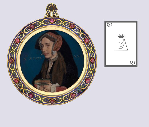 Painting. Shown from the waist up, a pale-skinned woman with pointed features looks off to our left, her chin tucked. She holds a book with one thumb marking a page. A digital drawing of a playing card is to the right with the designation “Q?”, and the suit is not specified.