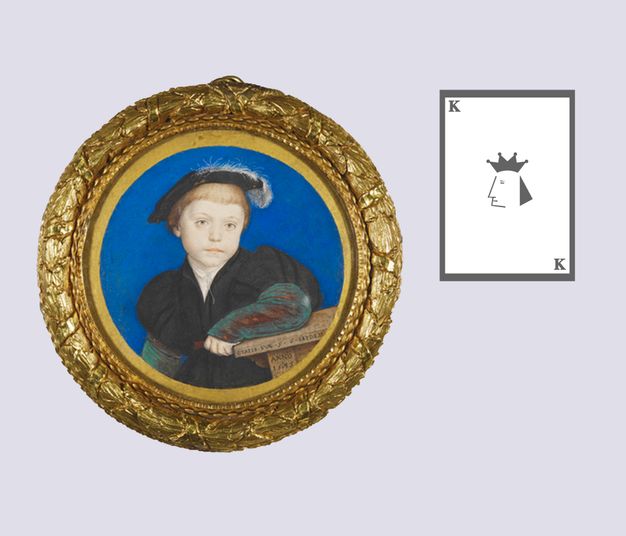 Painting. Shown from the waist up, a pale-skinned boy looks off over our right shoulder. His blond hair is cut into bangs under a black cap with a white feather. One arm rests along the top of a piece of furniture, perhaps a desk. A digital drawing of a king playing card is to our right, but the suit is not identified.
