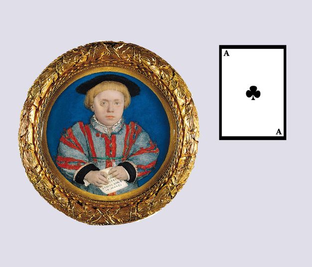 Painting. A pale-skinned, round-faced young boy holds a piece of paper in both pudgy hands. His blond hair is cut into a curtain of bangs high on his forehead, and he wears a flat black cap and a red and chalk blue jacket. A digital drawing of an ace of clubs is to our right.