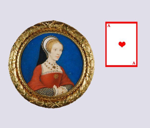 Painting. A pale-skinned woman clasps her hands in front of her waist as she looks off to our right. Her blond hair is covered with a round white, black, and gold headdress. She wears necklaces of pearl, gold, and gems, and a red dress. A digital drawing of an ace of hearts is to our right.