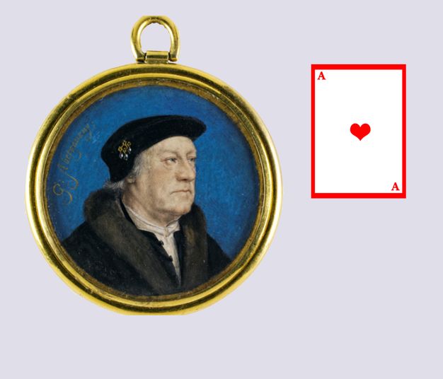 Painting. Shown from the chest up, a pale-skinned, clean-shaven man looks off to our right in front of an ultramarine-blue background, in a gold circular frame. A black cap with a gold and black pearl brooch nearly covers his grey hair. He has a prominent, straight nose, and his thin lips turn down at the corners. A digital drawing of an ace of hearts is to our right.