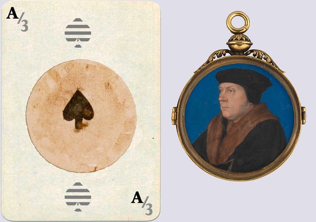 Watercolour. To our right, the head and chest of a pale-skinned, clean-shaven man looking off to our left is shown against a blue background in a round gold frame. His brows are gathered, his nose pointed, and his cheeks heavy. To our left, we see the back of the painting, which shows the centre section of a playing card. The rest of the playing card has been reconstructed to show it would have been an ace or three of spades.