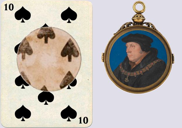 Painting. To our right, the head and chest of a pale-skinned, clean-shaven man looking off to our left is shown against a blue background in a round gold frame. His brows are gathered, his nose pointed, and his cheeks heavy. To our left, we see the back of the painting, which shows the centre section of a playing card. The rest of the playing card has been reconstructed to show it would have been a ten of spades.