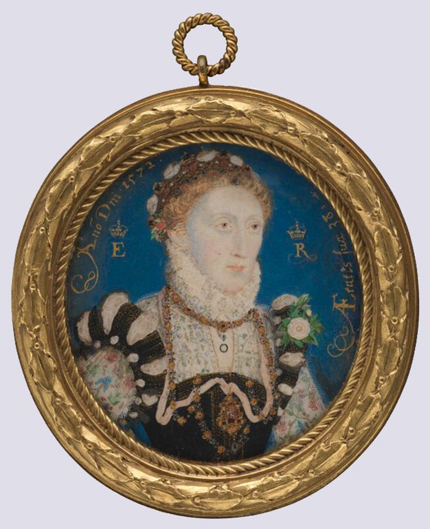 Watercolour. The head and chest of a pale-skinned woman, her skin tinged with blue, is shown looking to our right against a blue background in a round gold frame. She wears a jewelled crown on her strawberry-blond curls. A high, narrow collar spans the height of her neck. Gold chains and a palm-sized gold pendant drape over her bodice.