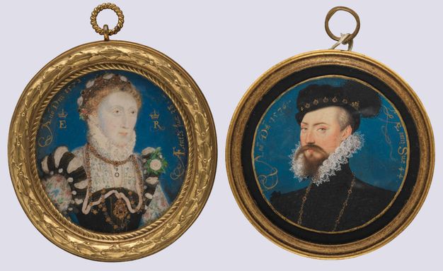 Watercolours. A portrait of a woman, to our left, and a man, to our right, both have pale skin and are shown against blue backgrounds in round gold frames. The woman has gold and jewels in her strawberry-blond hair and on her dress. The man’s chin line is framed by a froth of pleated lace. He looks at us from the corners of ice-blue eyes, and wears a black cap with a black feather, and a black coat.