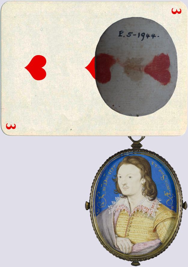 Painting. A pale-skinned man with a wispy moustache looks off to our right. Brown hair falls loosely to his shoulders, and he wears a flat, lace-edged collar and a canary-yellow coat. In the image above, we see the back of the painting, which shows the lower section of a playing card oriented sideways. The rest of the playing card has been reconstructed to show it would have been a three of hearts.