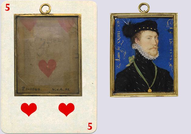Painting. To our right and shown from the chest up, a pale-skinned, man looks at us from the corners of his eyes. He wears a black cap and high-necked coat, and a frill of pleated lace around his bearded chin. He is shown against a vivid blue background and is set in a rectangular frame. To our left, we see the back of the painting, which shows the centre section of a playing card. The rest of the playing card has been reconstructed to show it would have been a five of hearts.