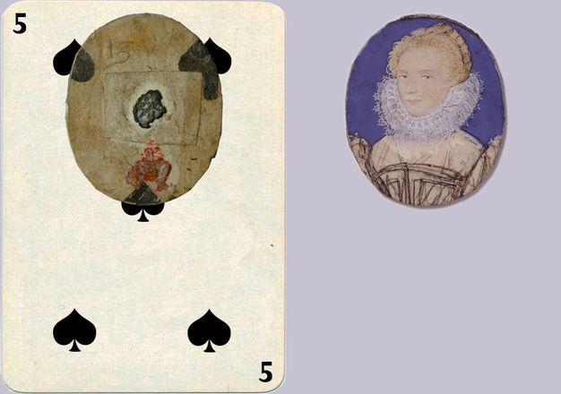 Watercolour. To our right, the head and chest of a pale-skinned woman with flax-blond hair looks at us from the corners of her eyes, her face engulfed in a lacy, pleated collar. She is shown against a blue background in a gold oval frame. To our left, we see the back of the painting, which shows the top centre section of a playing card. The rest of the playing card has been reconstructed to show it would have been a five of spades.