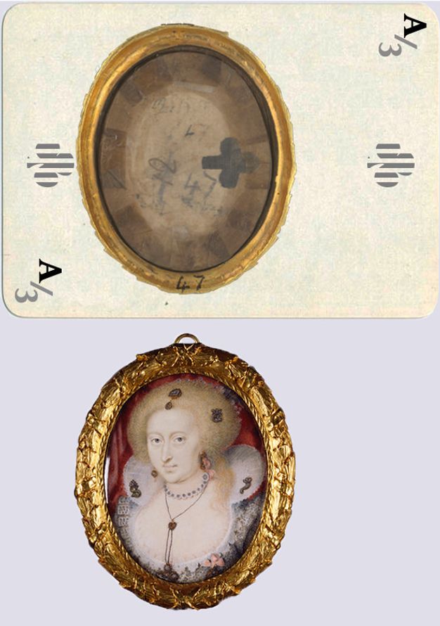 Painting. A pale-skinned woman with a cloud of blond hair looks at us against a red background in this oval framed portrait. Dark jewels are set on her hair and the flaring, flat collar that lines the back of her dress over a low neckline. In the image above, we see the back of the painting, which shows the centre section of a playing card oriented sideways. The rest of the playing card has been reconstructed to show it would have been an ace or three of clubs.