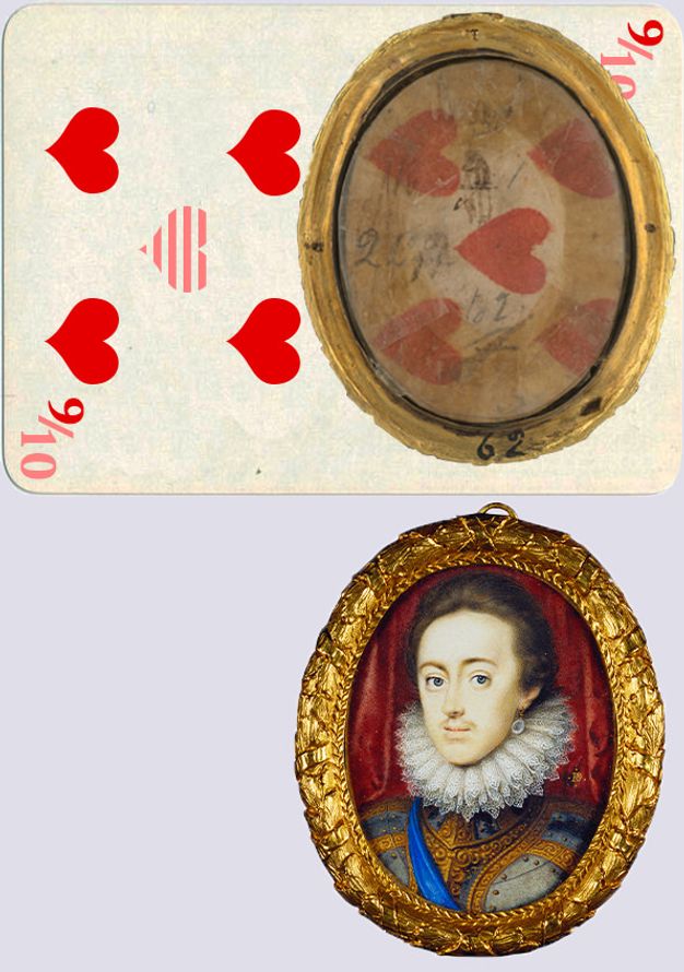 Painting. A pale-skinned man with a wispy moustache and brown hair brushed back from a high forehead looks at us. In the image above, we see the back of the painting, which shows the top section of a playing card oriented sideways. The rest of the playing card has been reconstructed to it would have been a nine or ten of hearts.