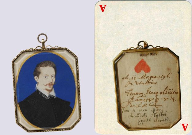 Painting. A pale-skinned man with a wide moustache, a trim goatee on his chin, and brown hair brushed back from a high forehead looks at us. In the image to our right, we see the back of the painting, which shows the top section of a playing card oriented upside down. The rest of the playing card has been reconstructed to it would have been an ace of hearts.