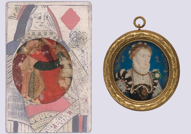 Watercolour. To our right, the head and chest of a pale-skinned woman with gold and jewels in her strawberry-blond hair and on her dress are against a blue background in a gold oval frame. To our left, we see the back of the painting, which shows the centre section of a playing card. The rest of the playing card has been reconstructed to illustrate how it came from a queen of diamonds.