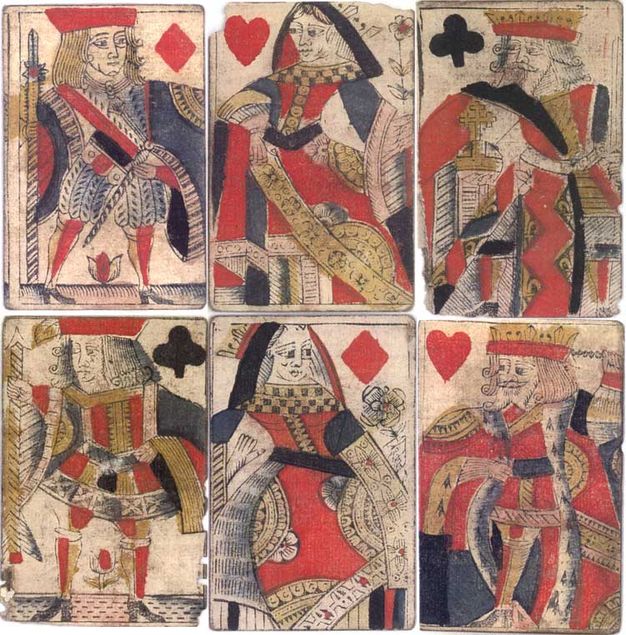 Playing cards. Six cards are printed and coloured in red, blue, yellow, and black. From the top left to bottom right are the knave of diamonds, queen of hearts, king of clubs, knave of clubs, queen of diamonds, and king of hearts.
