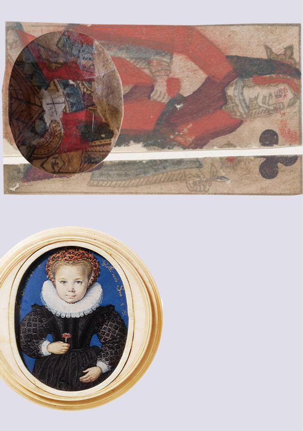 Watercolour. One image shows a young, smooth-cheeked, pale-skinned girl looking squarely out at us with blue eyes. In the image above, we see the back of the painting, which shows the lower section of a playing card oriented sideways. The rest of the playing card has been reconstructed to show it would have been a queen of clubs.