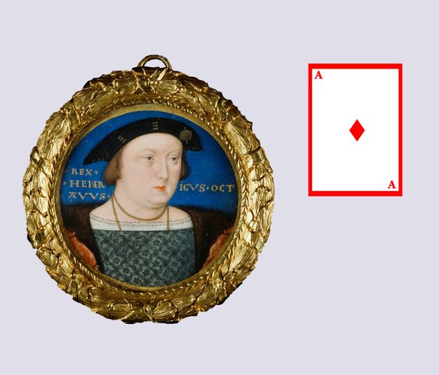 Watercolour. A round-cheeked, clean-shaven man looks off to our right with small, puffy eyes. His narrow pink lips are pursed under a long nose. He is shown from the chest up against a lapis-blue background, set into a round gold frame. A digital drawing of an ace of diamonds is to our right.