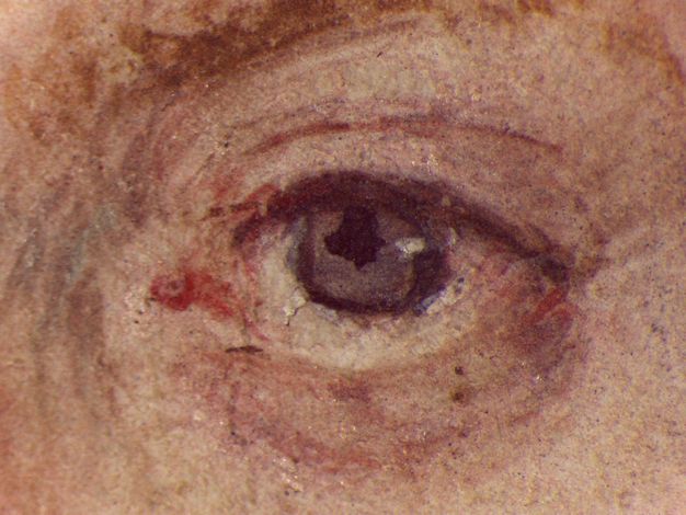 Watercolour. Detail view of a pale-skinned person's left eye. The black iris is a bit irregular, and the iris is ash brown. The inner corner of the eye is touched with red.