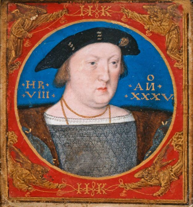 Watercolour. A round-cheeked, clean-shaven man looks off to our right with small, puffy eyes. His narrow pink lips are pursed under a long nose. He is shown from the chest up against a lapis-blue background in a gold circle. The corners of the square frame that surrounds this are painted with gold winged angels.