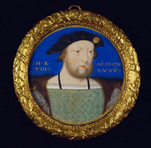 Watercolour. A round-cheeked man looks off to our right with small, puffy eyes. His narrow pink lips are pursed within a full beard. His wide shoulders extend off both sides of the round portrait, which is in a frame of gold leaves.