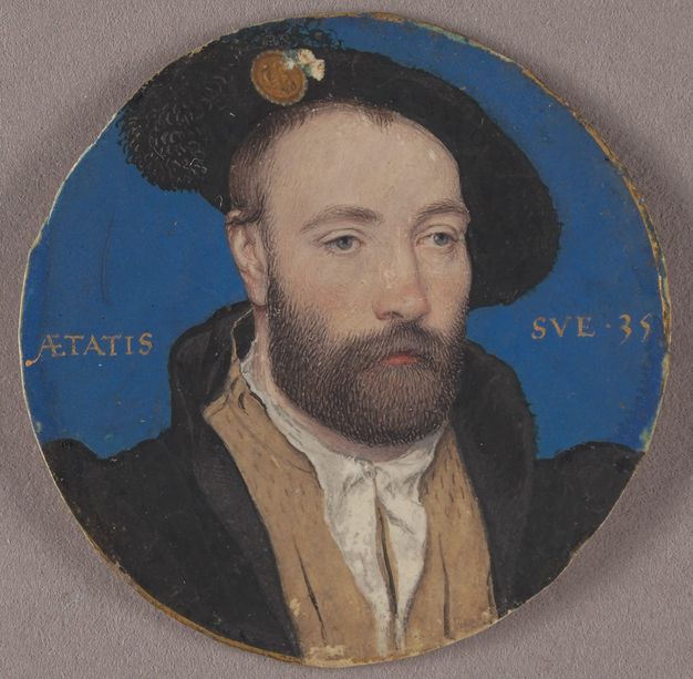 Watercolour. The face, hat, and shoulders of a pale-skinned man nearly fill this round portrait. He looks off to our right through heavy-lidded grey eyes. His mouth droops under a full but trimmed brown beard. His black cap sits rakishly on the side of his head, and a black feather extends off the edge of the composition.