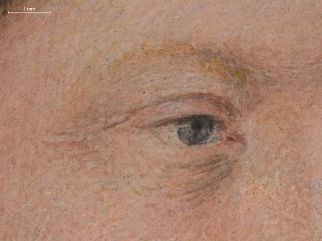 Watercolour. Detail view of a slate-blue eye. Grey lines create shading over the eyelid and under the inner corner of the eye.