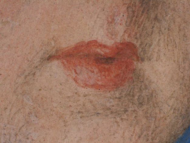 Watercolour. Detail view of a light-skinned person’s pink, pursed lips.