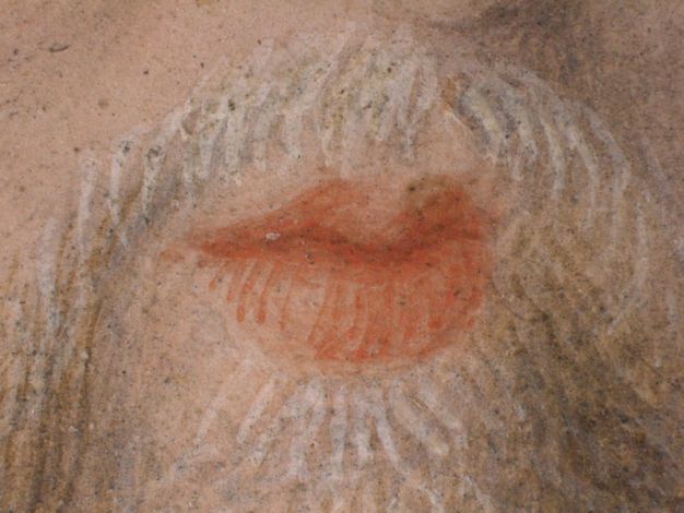 Watercolour. Detail view of a light-skinned person’s pink, pursed lips within a brown beard highlighted with white.