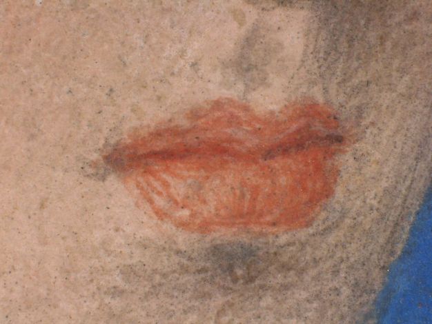 Watercolour. Detail view of a light-skinned person’s full, pink lips.