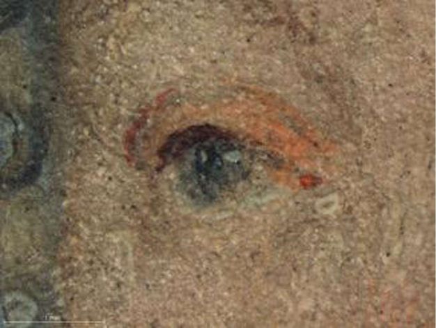 Watercolour. Detail view of a light-skinned person’s blue left eye. The eyelid is painted with coral peach, and a white highlight on the iris is a short white dash.