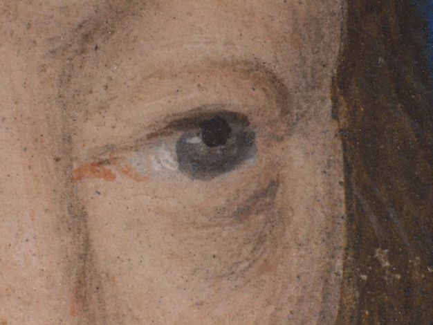 Watercolour. Detail view of a light-skinned person’s steel-blue left eye. The inner corner is touched with coral peach, and a white dash creates a highlight in the iris.