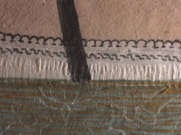 Watercolour. Detail view of the lace edge of a garment. A scalloped edge is outlined in black, and black backwards S-shapes create the impression of openwork.
