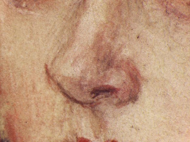 Watercolour. Detail view of a light-skinned person’s upturned nose.