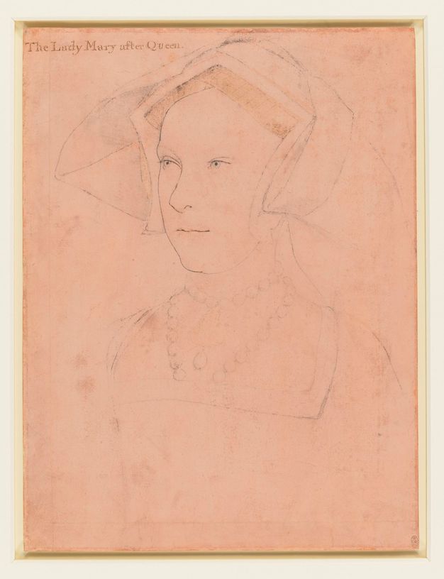 Painting. Shown from the hips up, a pale-skinned woman presses her narrow lips together as she looks off to our left with grey eyes. Her nose is upturned and her chin a bit puckered. She wears a marigold-orange and scarlet-red dress edged with jewels and pearls.