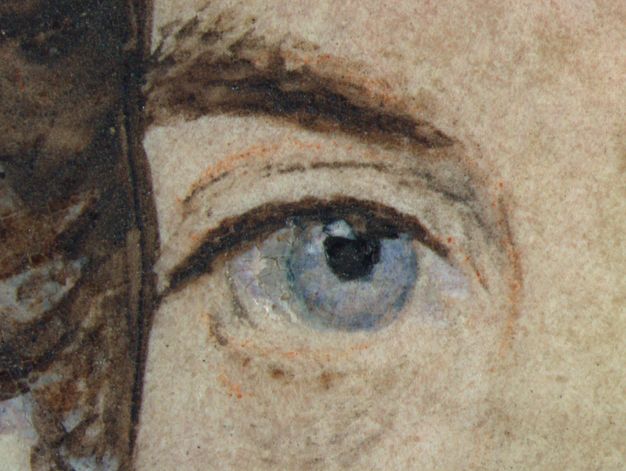 Watercolour. Detail of a grey-blue eye under a dark brow with a glimpse of brown curls to our left.