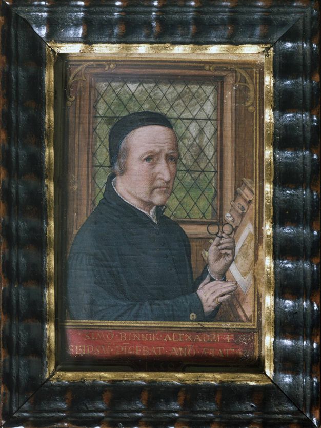 Watercolour. Shown from the waist up, a pale-skinned, clean-shaven man sits at a tilted surface, a pair of pince-nez in one hand. He looks off to our right with a furrowed brow, and his lips droop into wrinkles that line his chin.
