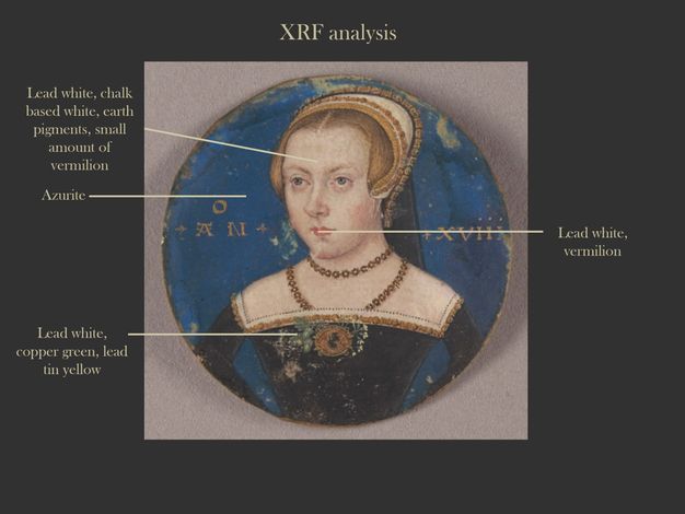 Watercolour. A pale-skinned woman is painted against a blue background in this round portrait. Four areas are labelled with the pigments used, including lead white, chalk based white, vermilion, azurite, and others.