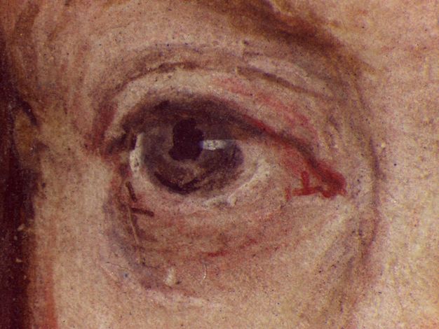 Watercolour. Detail view of a pale-skinned person's right eye. The black iris is a bit irregular, and the iris is ash brown. The inner corner of the eye is touched with red.