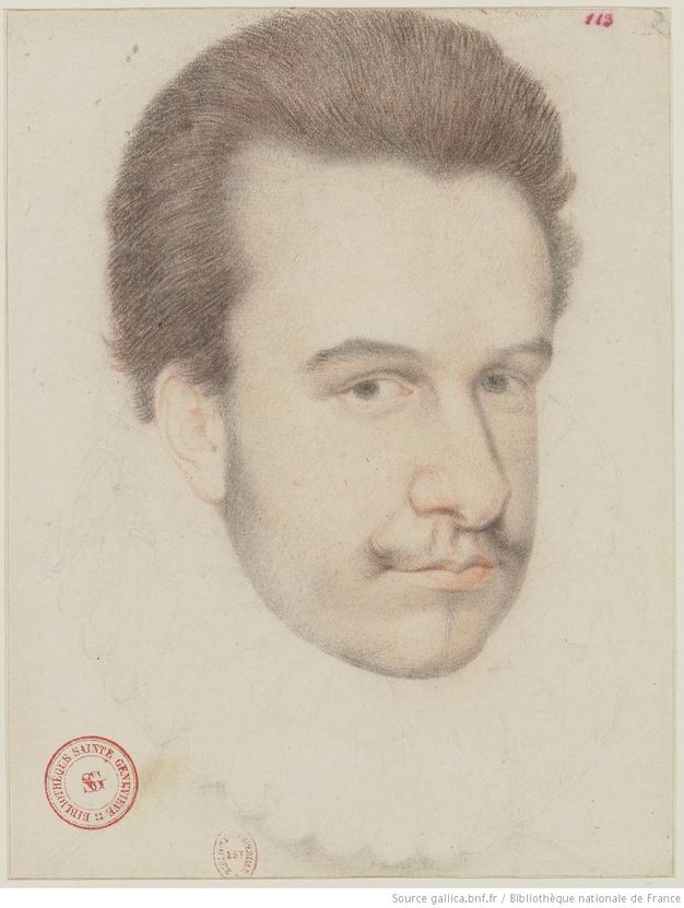 Drawing. The head and face of a pale-skinned man is drawn in blended pastels. Brown hair sweeps up from a high forehead, and he has a prominent nose over a wispy moustache.