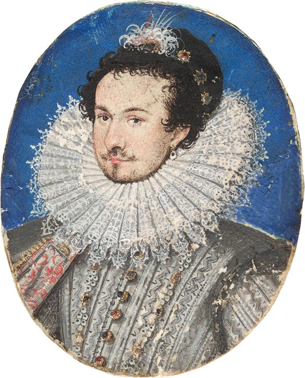 Watercolour. An oval-shaped portrait of a pale-skinned man with a delicate goatee. A white-feathered cap is set back on dark curls. A wide, pleated lace ruff fans out under his chin and angles up the back of his head. He wears a silvery doublet lined with pearls and jewels. The background is lapis blue.