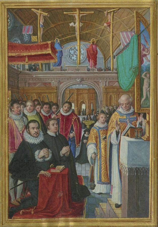 Painting. Two men in black kneel before an altar, surrounded by men to our left and women, wearing black, farther back in the distance to our right. The man closest to us has a wide, pleated, lacy ruff and ruffled cuffs. He has a high forehead and a pronounced nose.