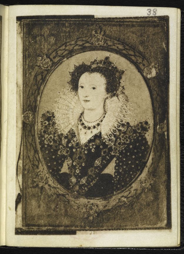 Painting. Black and white facsimile of a page from a book. A portrait of a pale-skinned woman with dark eyes is in an oval frame. A lacy, pleated ruff lines the back of her neckline, which meets in a V beneath jewelled necklaces. Her crown and gown are covered with pearls and gems.