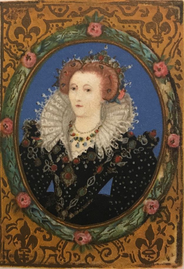 Print. A pale-skinned woman with dark eyes and copper-red hair is in an oval frame. A lacy, pleated ruff lines the back of her neckline, which meets in a V beneath jewelled necklaces. Her crown and black gown are covered with pearls and gems. The print is hand-coloured with an azure-blue background, and the frame is painted green with pink flowers.