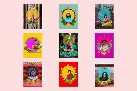 Against a pale pink background, nine portraits show people with  medium skin against vividly coloured backgrounds. Some are made up of solid blocks  of colour and others are backed by images like crowds of people, a mountain landscape,  or city buildings.