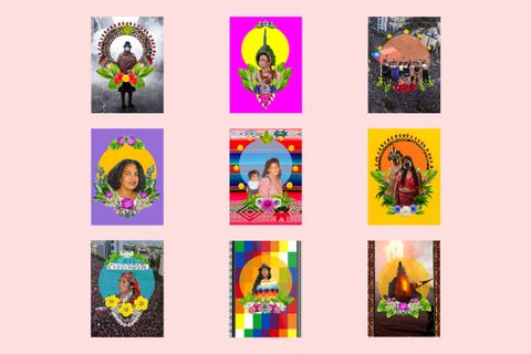 Against a pale pink background, nine portraits show people with medium skin against vividly coloured backgrounds. Some are made up of solid blocks of colour and others are backed by images like crowds of people, steam, or fire and smoke.