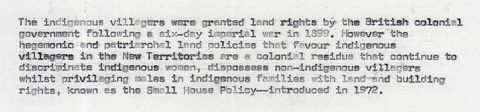Excerpt from a zine page. Typewritten text begins, “The indigenous villagers were granted land rights by the British colonial government following a six-day imperial war in 1899”.