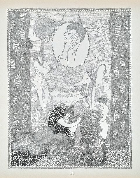 Illustration. Delicate black lines and stippling make out a scene with women and winged, baby-like putto standing and lounging in a surreal, formless landscape. An oval portrait of a man with a beaked nose and face resting in long-fingered hands hangs above.