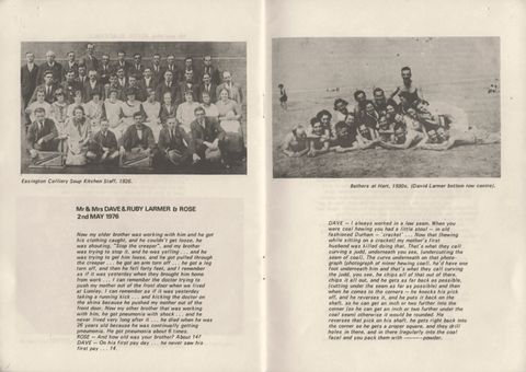 Pages of a publication. In a spread, each page has a picture of a group of people, all appearing to be pale skinned. Forty men and women sit and stand in tidy rows to our left, and twenty men and women lie in a pile on a beach to our right. Captions and text follow.