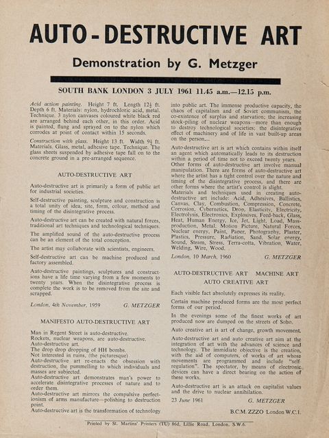 Flyer. The title, “Demonstration by G. Metzger South Bank London 3 July 1961 11.45 a.m.--12.15 p.m.”, is followed by two columns of text. Three sections are headed “Auto-Destructive Art”, “Manifesto Auto-Destructive Art”, and “Auto-Destructive Art Machine Art Auto Creative Art”, and all are signed “G. Metzger”.