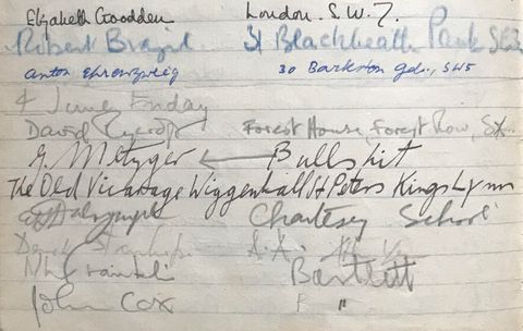 Page of a notebook. Ten names and addresses are written in pen, pencil, or blue coloured pencil on a lined notebook page. A date on the fourth line down reads, “4 June Friday”.