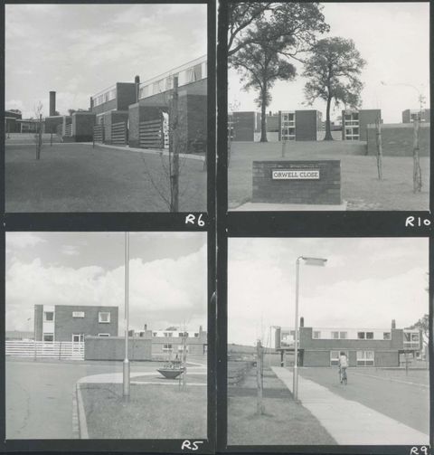 Architecture. Four black and white, square photographs show blocky buildings and horizontal fencing. The top right image has a sign reading “Orwell Close”. In the bottom right image, a person bicycles away from us. 