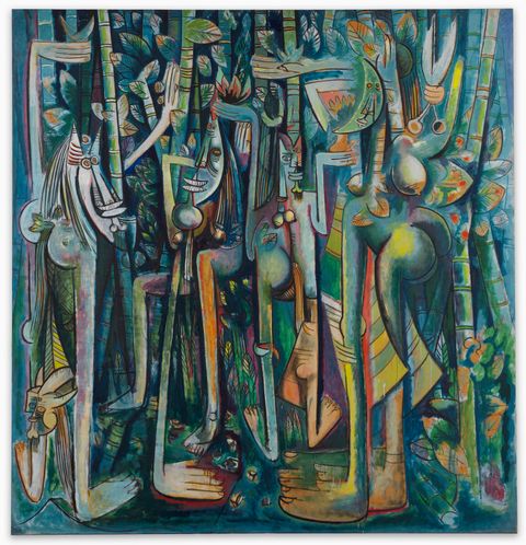 Painting. Stylized and abstracted faces, bodies, and oversized hands and feet blend into and among tall sugar cane stalks. The bodies and plants are densely packed and fill the entire canvas. The scene is painted in tones of sky blue, laurel green, canary yellow, terra cotta orange, a few touches of purplish-pink, and gray shadows.